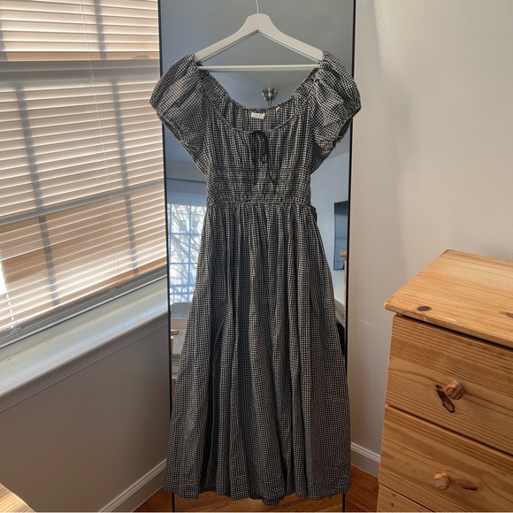 DÔEN Quinn Gingham Midi Dress Gray Tie Front Shirred Organic Cotton Size M - Picture 2 of 7